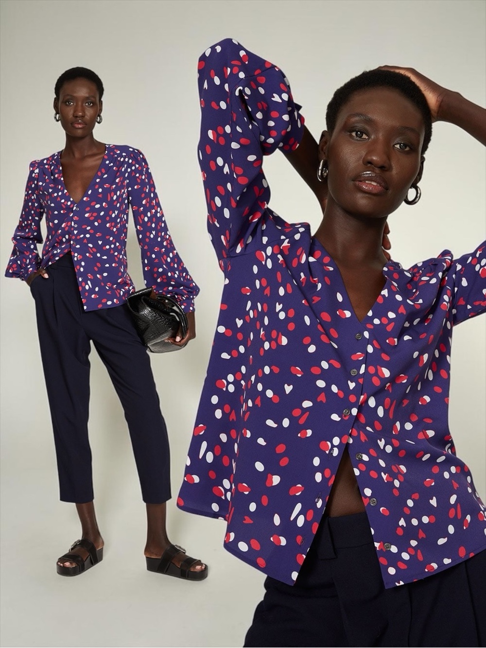 Koché Women’s V-Neck Purple Printed Crepe Dot Blouse Size FR 40|US 8